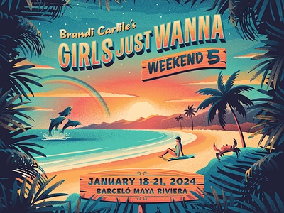 Brandi Carlile's 'Girls Just Wanna Weekend' Branding beach brandi carlile crab dan kuhlken dkng dkng studios dolphins illustration mexico nathan goldman palm tree rainbow sunset tropical vector