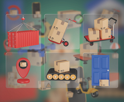 Delivery 3D Icon Set 3d 3d asset 3d icon 3d icons blender box carrier cargo container container hanging conveyor belt delivery 3d icon delivery location e commerce hand trolley home delivery icons illustration shipping ui warehouse