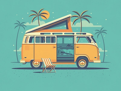 25% Off Summer Dreams Flash Sale beach bus dan kuhlken design dkng dkng studios geometric illustration nathan goldman palm trees poster summer van vector vw bus