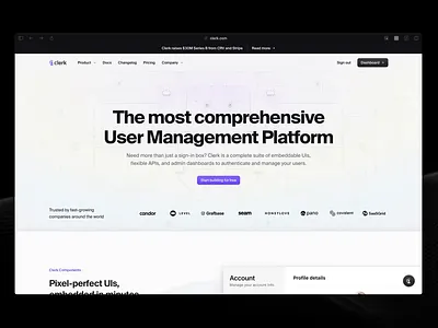 Clerk - The most comprehensive User Management platform animation auth clerk.com design icons illustration interface landing page marketing site ui user experience user interface ux web design website design