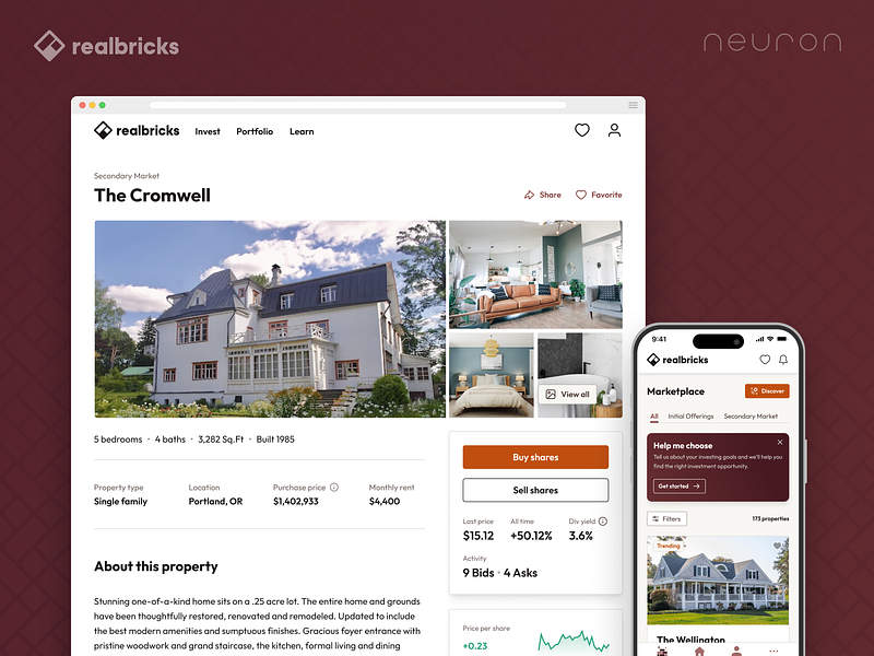 Realbricks - UX/UI Design branding design fintech illustration interface investing logo mobile app neuron product design real estate ui ux ux design web app