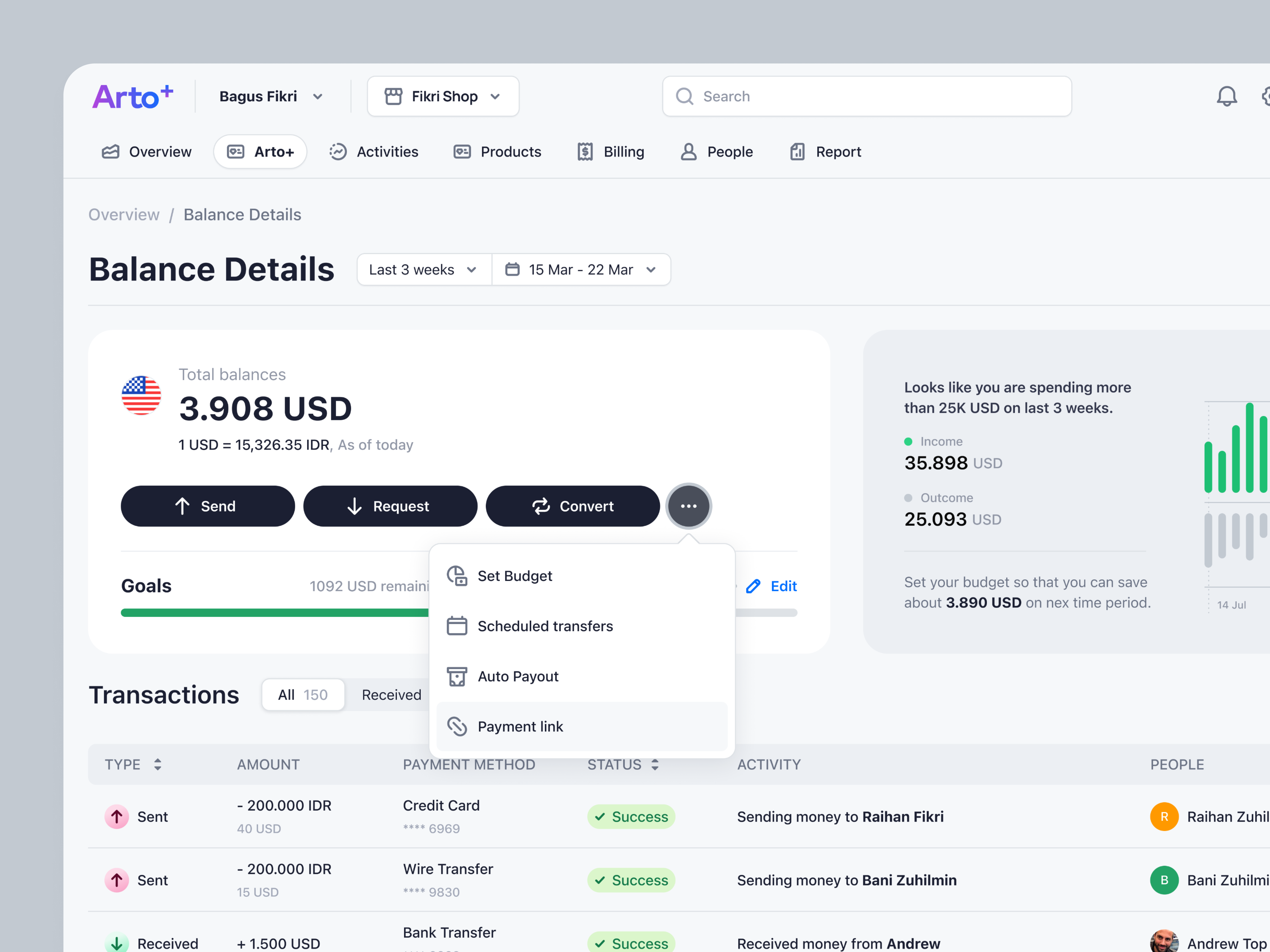 Arto Plus - More Menu in the Balance Details Pro of SaaS Payment auto payout balance details budgeting business finance app management payment pro mode product design saas saas design transaction transactions ui ux web design
