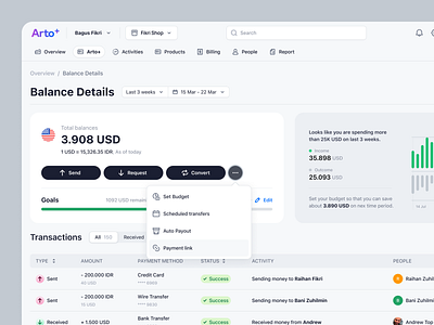 Arto Plus - More Menu in the Balance Details Pro of SaaS Payment auto payout balance details budgeting business finance app management payment pro mode product design saas saas design transaction transactions ui ux web design