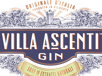 Villa Ascenti Gin Label Illustrated by Steven Noble artwork branding design engraving etching illustration ink landscape line art linocut pen and ink scratchboard steven noble villa ascenti gin woodcut