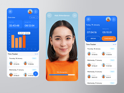 Time Attendance Application app artificial intelligence attendance break chart checkin checkout clean dashboard design face face recognition management overview present recognition time time tracker ui ux