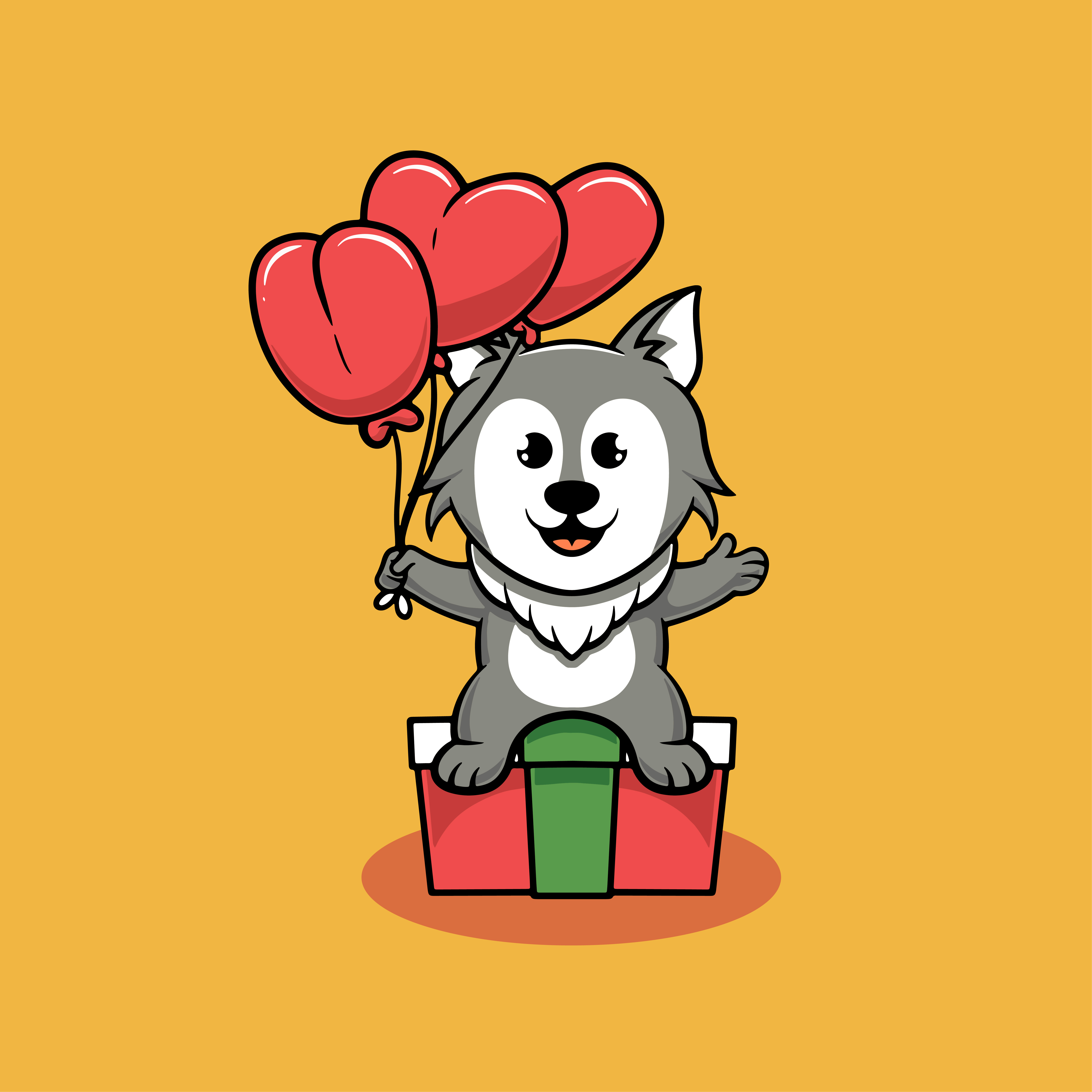 Cute wolf with red balloon cartoon illustration sitting