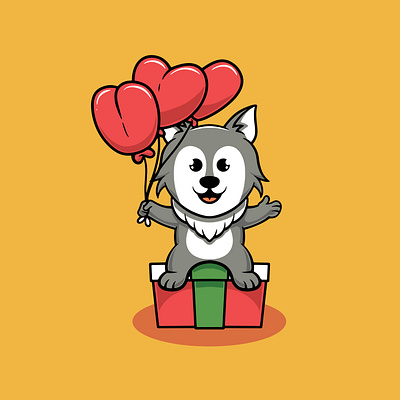 Cute wolf with red balloon cartoon illustration sitting