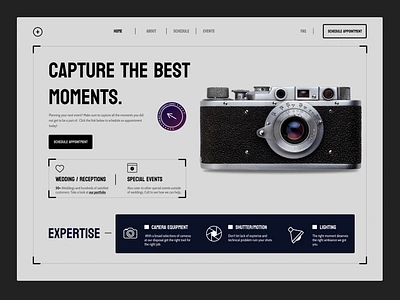 Photographer Website Design - Free Figma Template calender camera figma freebie heart hero icons landing page lighting nikon photographer photography shutter sony special events website design wedding