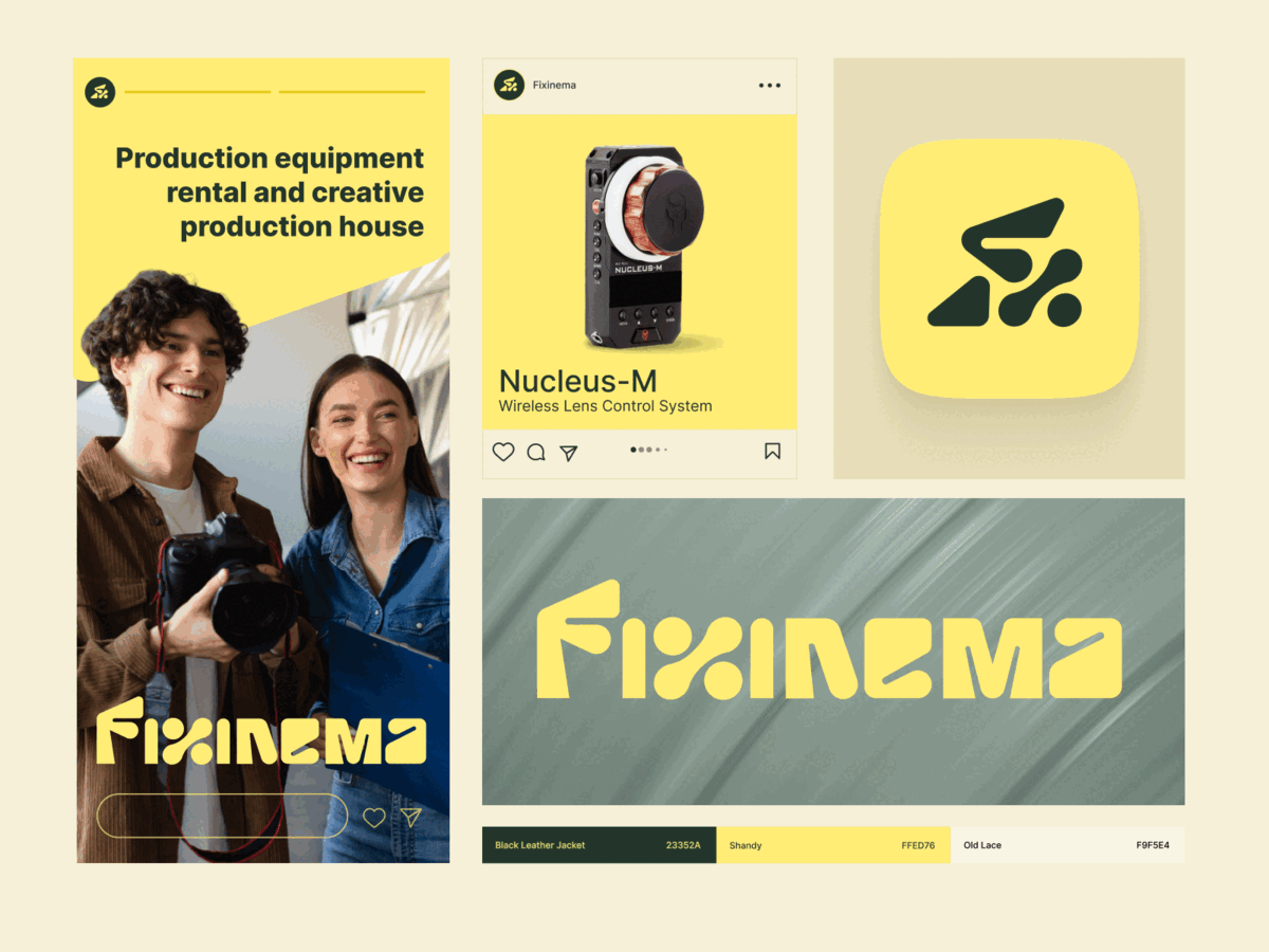Fixinema-Visual Identity boldtypography branding camera design discover f gear graphic design illustration logo playfull print rent totebag typography yellow