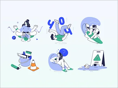 Flat handrawn illustration set 404 character error flat illustration people yoga