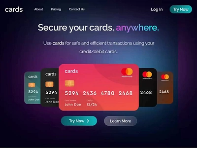 Landing Page for cards animation app branding concept credit card debit card design figma glassmorphism glow graphic design landing page logo motion graphics ui website