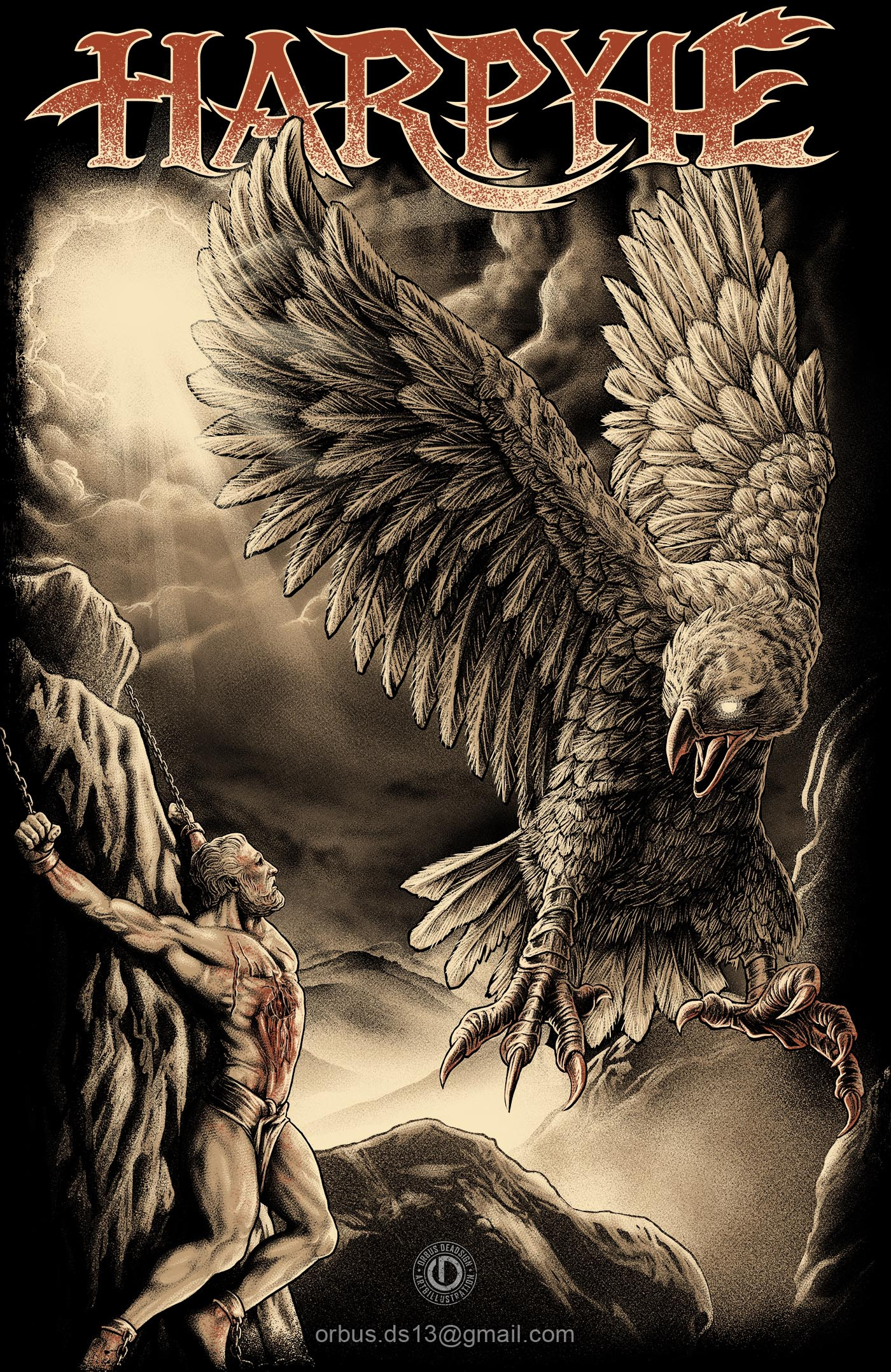 Prometheus – The Thief of Fire album cover artwork for sale band merch death metal deathcore eagle folk metal god goth greek harpyie heavy metal metal artwork metal illustration myth olympus prometheus t shirt design zeus