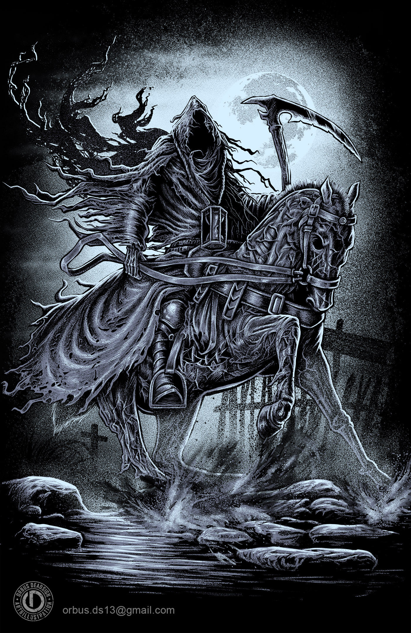 Horseman Undead 4 horseman album cover angel of death art for sale band merch cover artwork death death metal deathcore grim reaper heavy metal print on demand shinigami t shirt design tour artwork