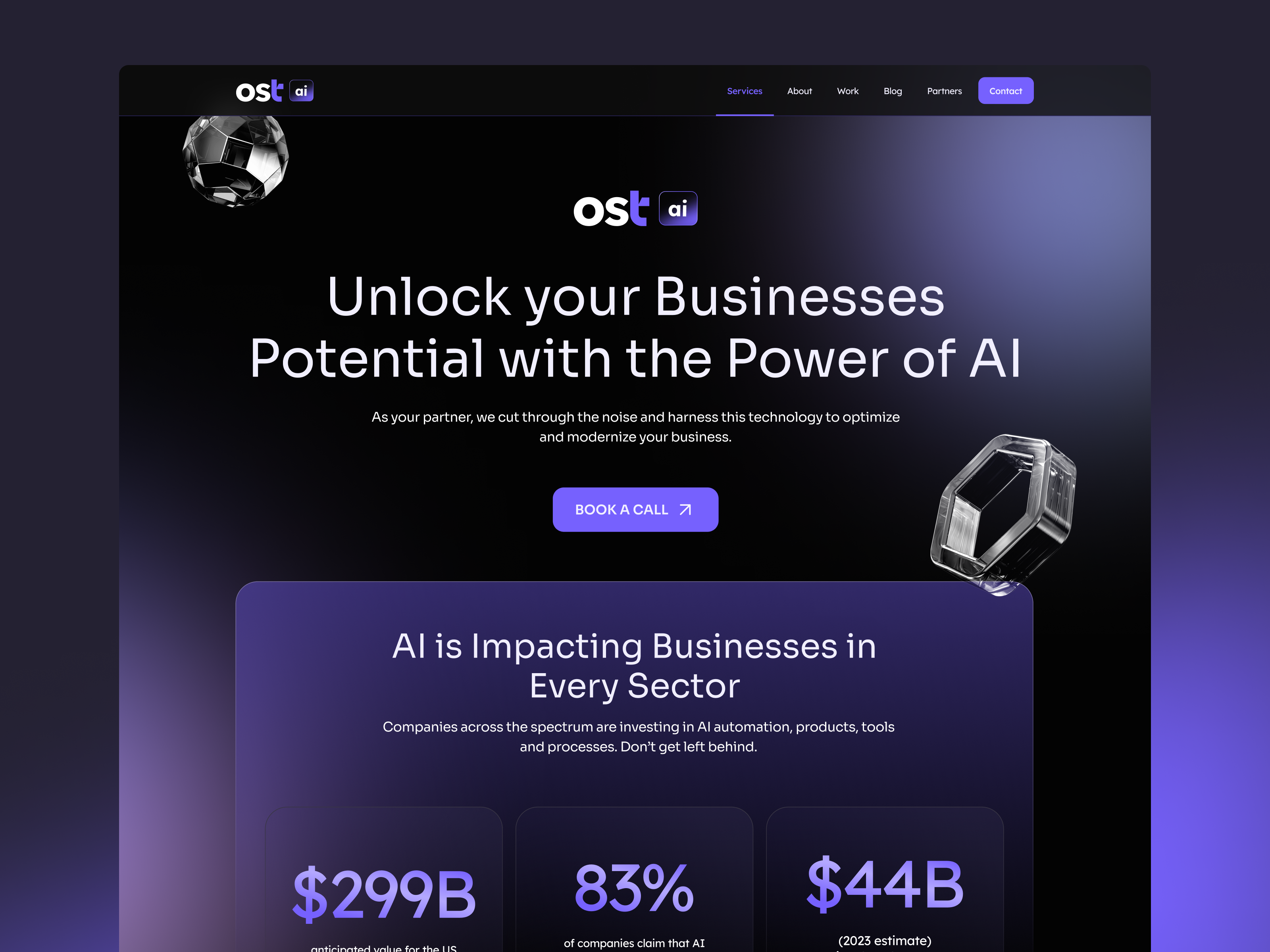 OST AI Website 3d ai black branding dark interface landing page mobile tech ui ux web website