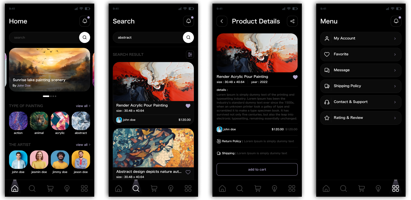 Artwork Selling Application. Ecommerce App app black theme branding ecommerce minimal prototype uiux