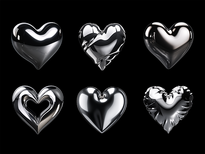 Melted chrome metal heart icon shapes 3d aluminium beauty bold chrome heart icon love melted mercury metal metallic neo reflective rendering silver valentine