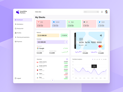 Dashboard for stock management analytic analyze card dashboard desktop dynamic graphic investment managing metric portfolio research system ui ux