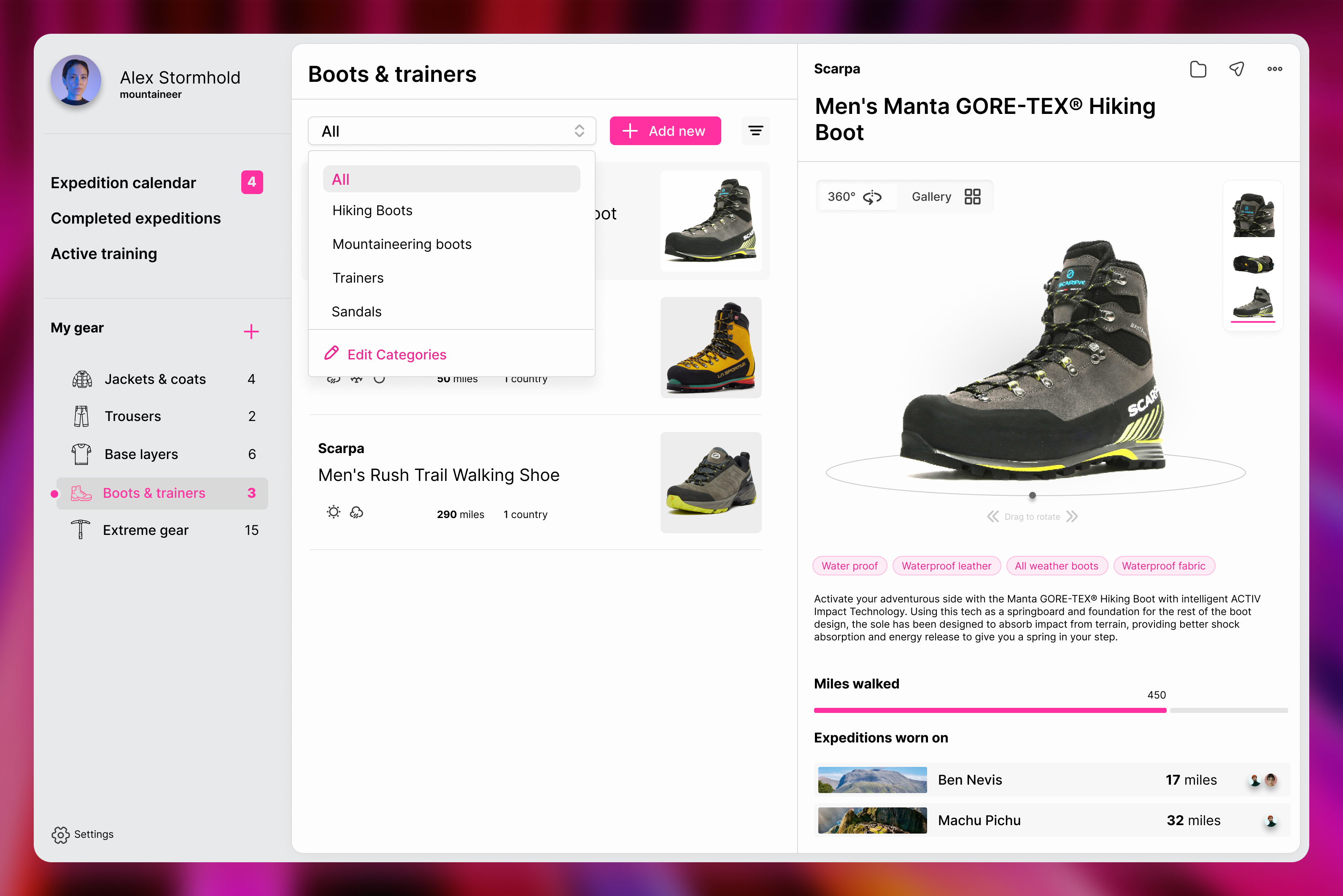Sherpa - Expedition companion admin adventure clean clean ui dashboard dropdown management modern layout modern ui product design product page ui ui design usability user interface ux uxui web web app web design