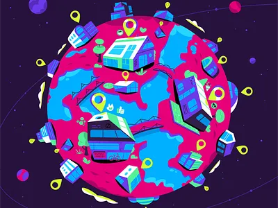 Polkadot Hubs art branding collaboration connect design hub illustration location office planet space vector