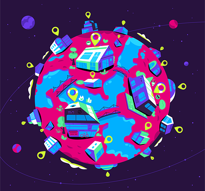 Polkadot Hubs art branding collaboration connect design hub illustration location office planet space vector