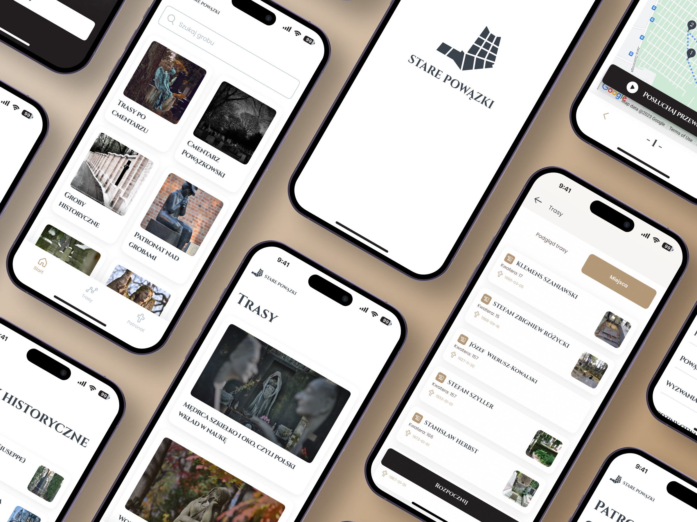 Stare Powązki app app design application buttons cards cemetery design design system favourites filters grid list route search tabs ui ux