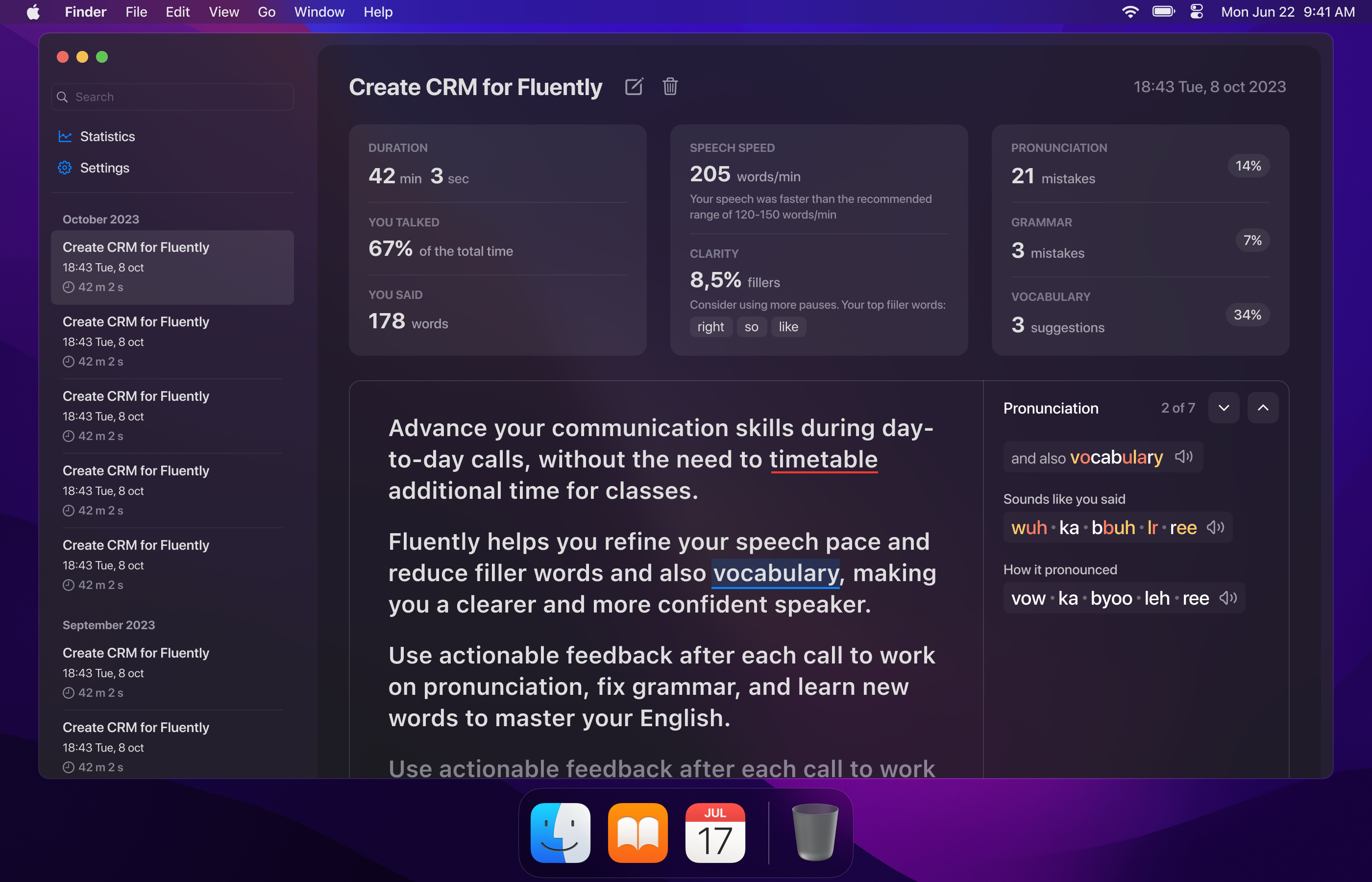 Fluently – AI tool to improve English speech during calls ai ai assistant analytics apple calls dashboard english error corrections grammarly graphicdesign grey history illustration macos online meetings product design radix ui speech improve text web design