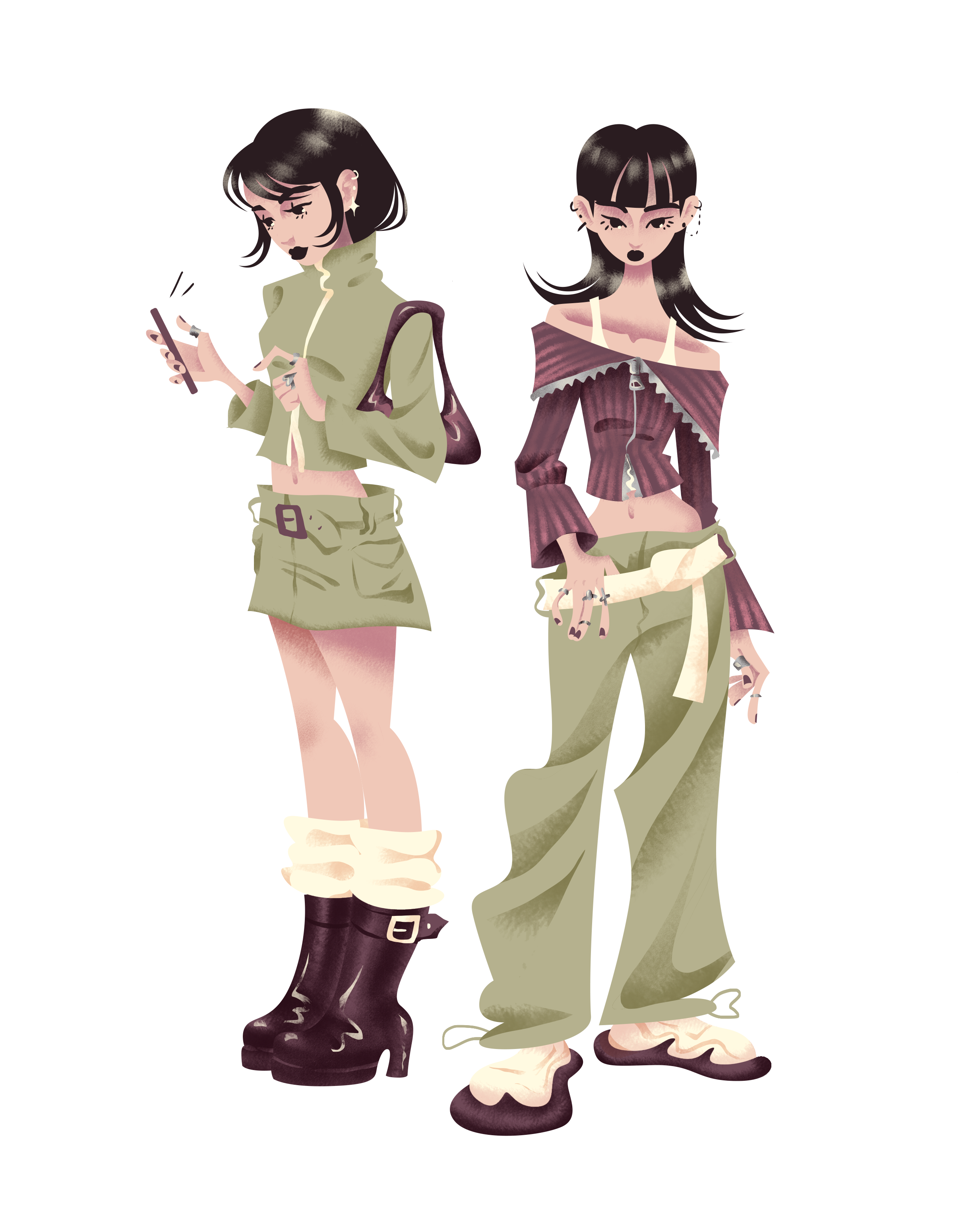 Plum & Khaki character design fashion fashion illustration flat geometic illustration korean y2k