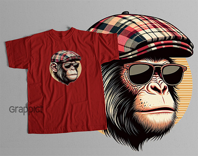 Monkey wearing newsboy hat and eyeglasses T-Shirt clothing design