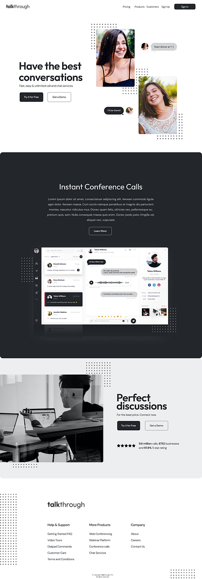 Chat App - Landing Page - Web Design black and white call chat app communication dailyui design figma home page landing page online chat selflearning talk ui video call video conferencing web app web design website white