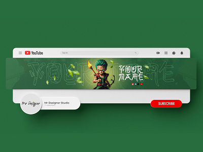 Zoro One-Piece Youtube Channel Banner 3d branding channel art custom facebook cover design gamming channel cover graphic design icon linkedin cover logo motion graphics one piece page cover twitter banner typography ui ux vector youtube youtube banner
