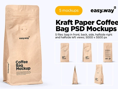 Kraft Paper Coffee Bag Mockups Set Design bag coffee coffee bag food bag front view half side view high res high resolution mock up mockup package packaging photoshop roasted coffee bean set smart layer smart object snack template valve kraft paper