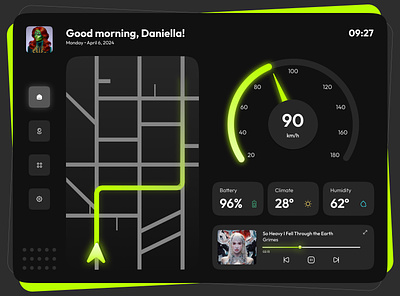 Car Interface app car interface clean dailyui dailyuichallenge dark dashboard design figma interface map neon panel route ui ux