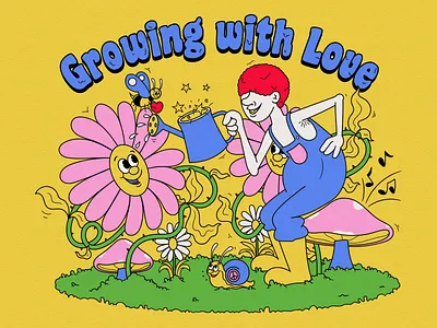 Growing With Love beautifulgarden branding cartoon character illustration cute illustration design farmer gardening gardening life growingwithlove illustration merch design mushroom illustration plantlife retro mascot sunflower sunflowerart vintage cartoon vintage mascot yellow