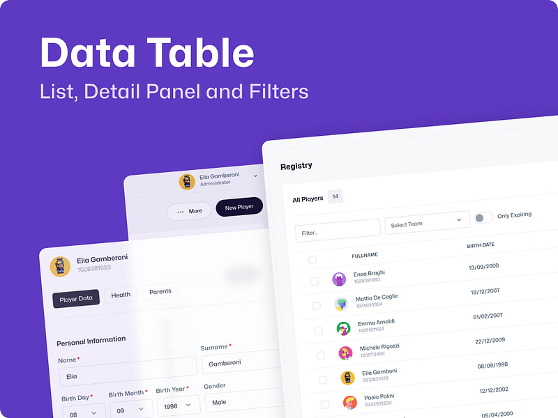 Weasy Goal ⚽️ | CRM | Data Table advanced filter crm data table data table detail detail panel filter filters filtrable grid grid detail list side panel soccer sort sortable ui user details weasy goal web app web design