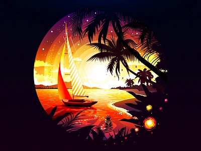 Paradise Island 🏝 art coast illustration inspire island landscape nature negative orange palm paradise prok art prokopenko scene sea shore sunrise sunset warm yacht