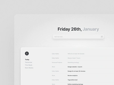 Todo list design concept app design branding clean grey light light mode minimal minimalist modern neumorpshim platform realist realistic saas sleek todo todo list ui ux white