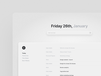 Todo list design concept app design branding clean grey light light mode minimal minimalist modern neumorpshim platform realist realistic saas sleek todo todo list ui ux white