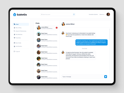 SubletGo - Chat Message Dashboard UI UX Design chat chat dashboard chat element chat message dashboard chat module chat screen design chat ui chat ui design chatbot design conversation conversation dashboard dashboard design message dashboard message screen message ui message ui design messenger messenger screen minimal dashboard ui ux design