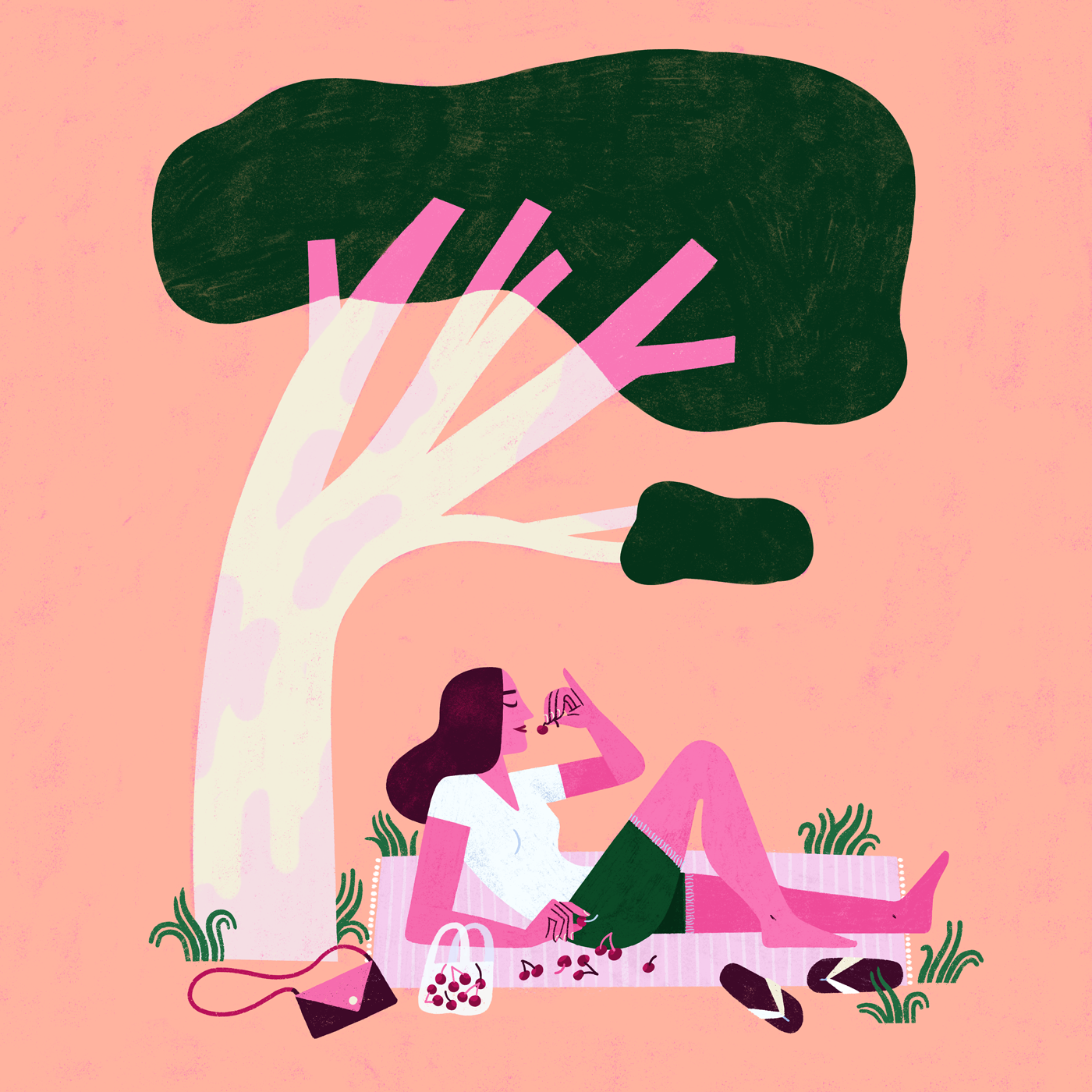 Summer Cherries cherries editorial girl illustration park peach people pink procreate relax summer woman