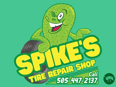Spike’s Tire Repair Shop advertising affinity affinitydesigner cactus car lover cartoon character character design digital illustration funny illustration label pencildog retro vector vintage