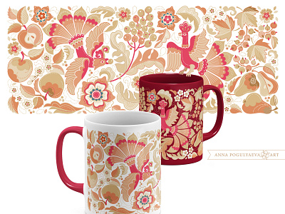 «Russian garden». Traditional floral ornament for mugs annapogulyaeva annapogulyaeva art birds branding design floral pattern flowers fruits fruits garden garden of eden graphic design illustration mug ornament russian garden slavic vector