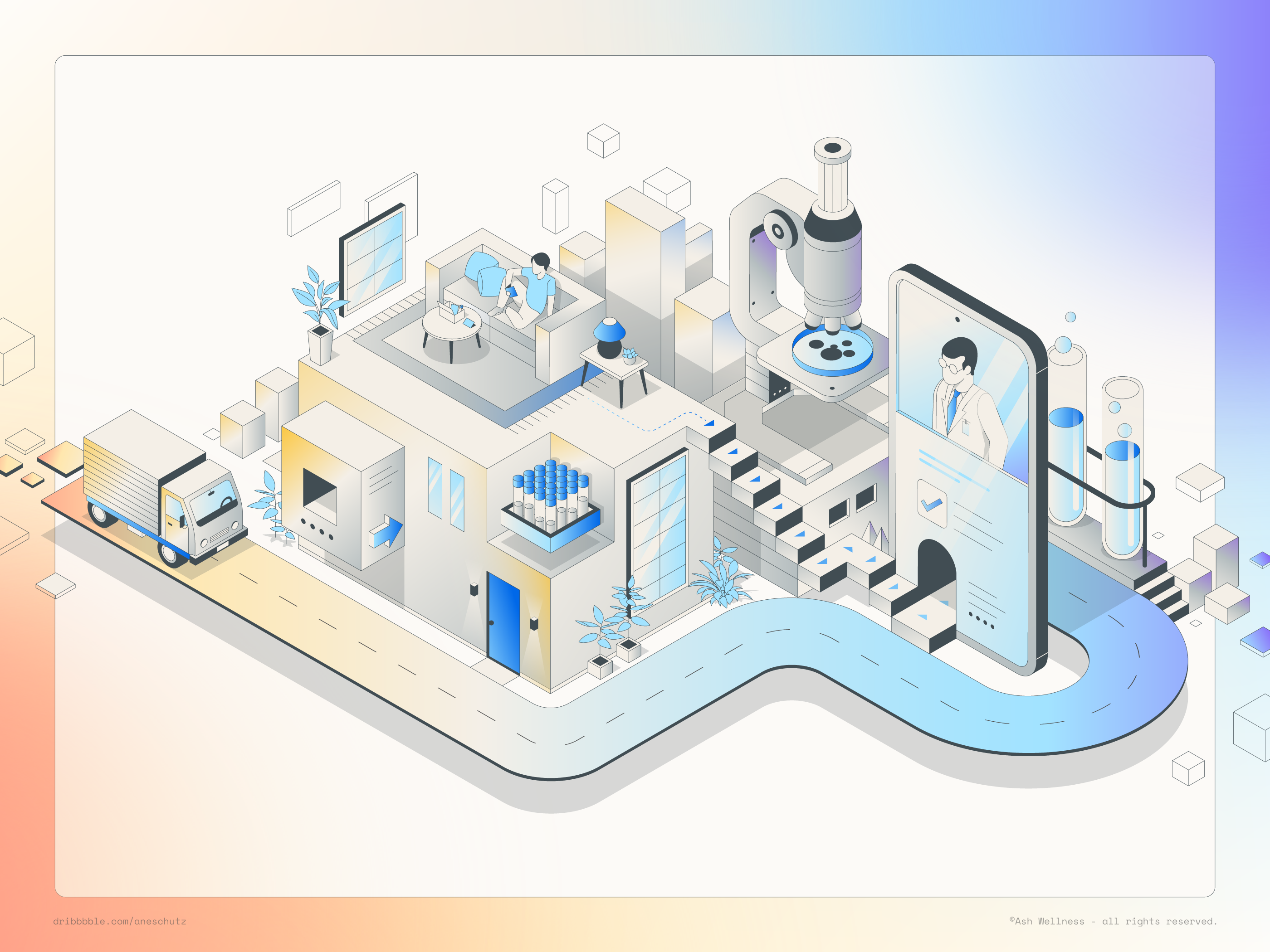 Ash Wellness Ecosystem adobe illustrator covid doctor flat home testing illustration illustrator isometric lab medical illustration phone road truck vector
