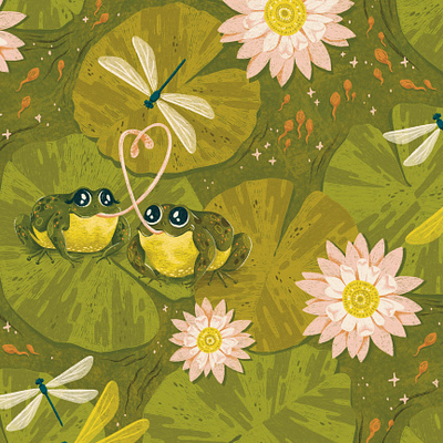 Frog Lovers character design frogs illustration lilypads love repeating pattern spring tadpoles valentines waterlilies