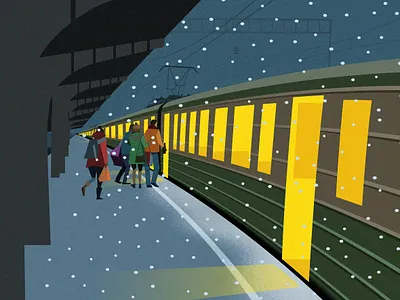 Electrishka cartoon cold illustration night poster railway russia siberia snow station technology tourism train travel weather