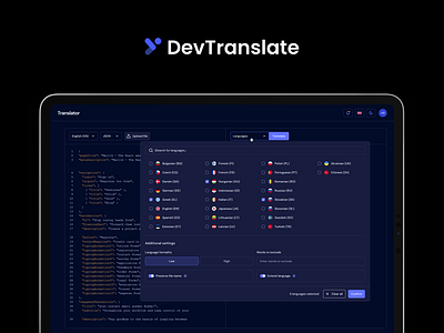 DevTranslate App app dark mode dev translator freelancer json languages minimal translator ui web app