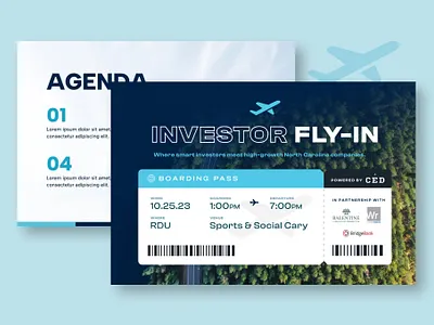 Investor Fly-in blue boarding pass collateral digital design event event branding graphic design investors marketing tickets