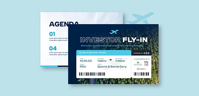 Investor Fly-in blue boarding pass collateral digital design event event branding graphic design investors marketing tickets