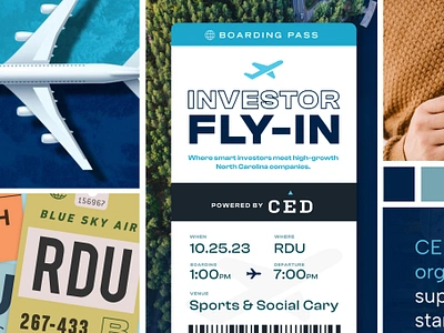 Investor Fly-in boarding pass digital design event event branding graphic design investors mini brand north carolina pitch deck raleigh rdu tickets