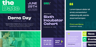 GRO Incubator: Demo Day collateral digital design event event branding graphic design incubator cohort marketing mini brand purple triangles