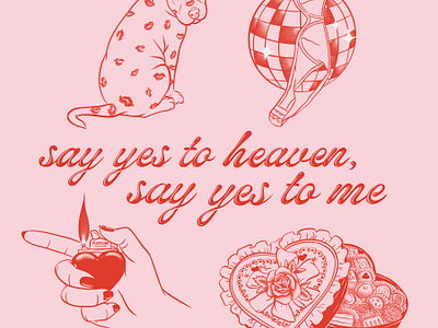 say yes to heaven bra chocolate heart box disco ball dog flash flash sheet hand drawn type heart illustration kiss kisses lighter love lover pink pit bull quote red tattoo valentines day